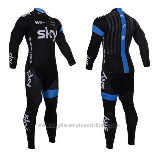 2015 Abbigliamento Ciclismo Sky Celeste e Nero Manica Lunga e Salopette